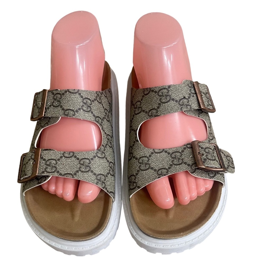 Birkenstock Arizona Platform Monogram Sandals Brown Tan White Lug Sole 38 L7 M5